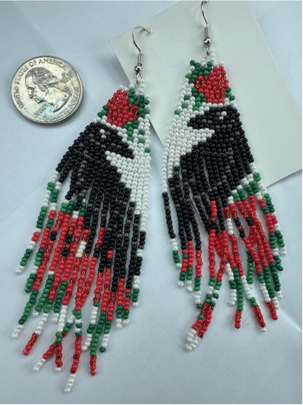 Beaded Black Raven Crow Seed Bead Tassel Dangle Earrings Southwest Boho Tribal